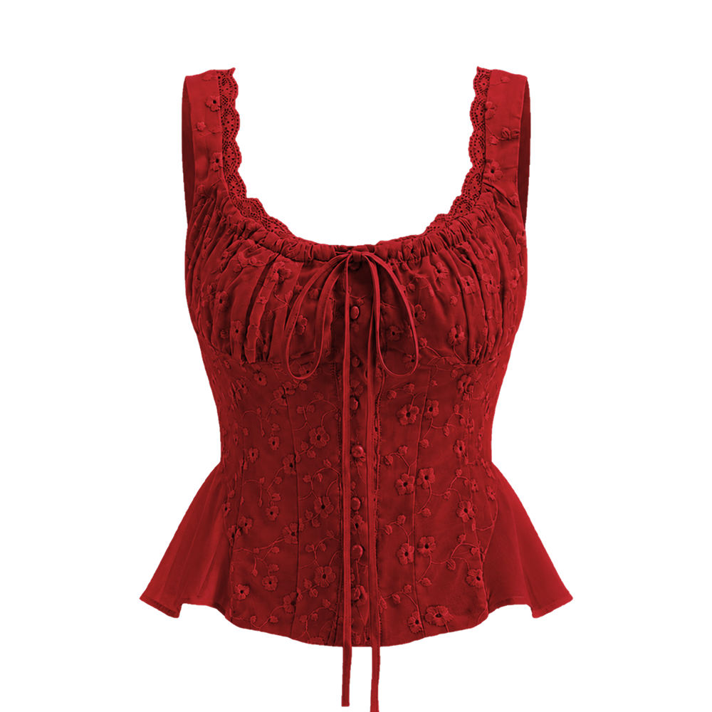Valeria Ribbon Lace-Up Top - Scarlet