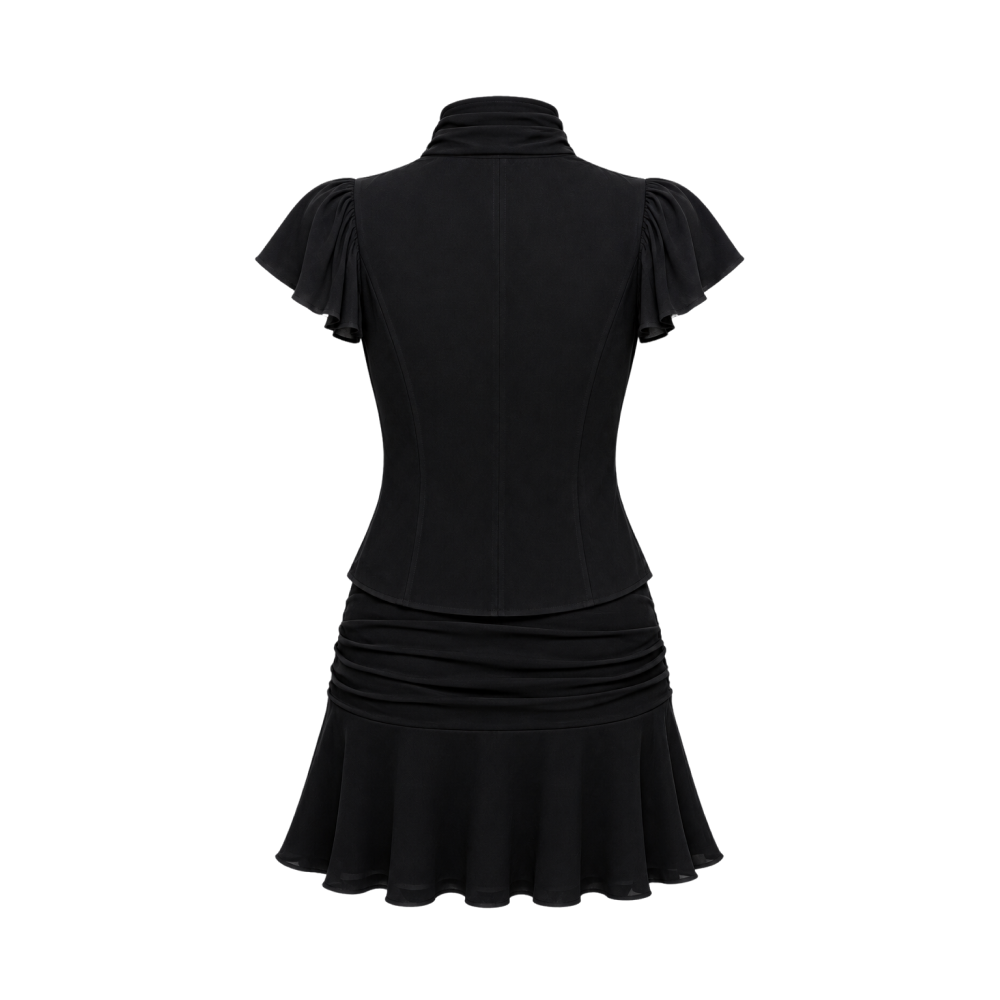 Valeria Scarf Neck Flare Co-Ord Set - Noir
