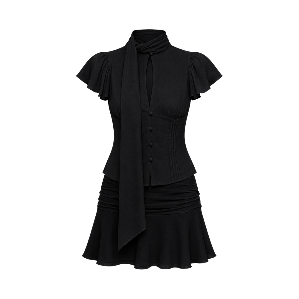 Valeria Scarf Neck Flare Co-Ord Set - Noir