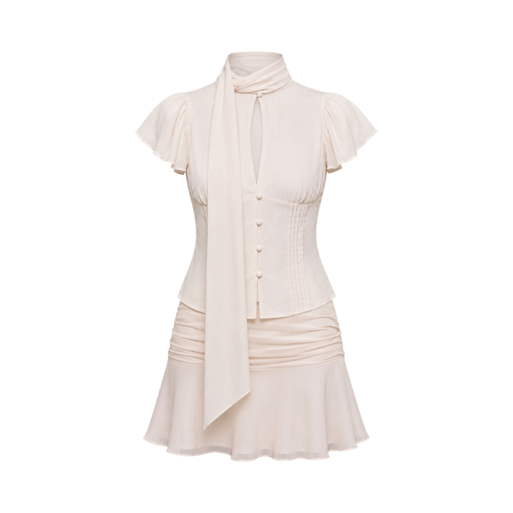 Valeria Scarf Neck Flare Co-Ord Set - Podwer Pink