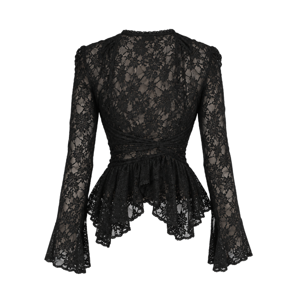 Valeria Sheer Ruffle Hem Lace Top - Black