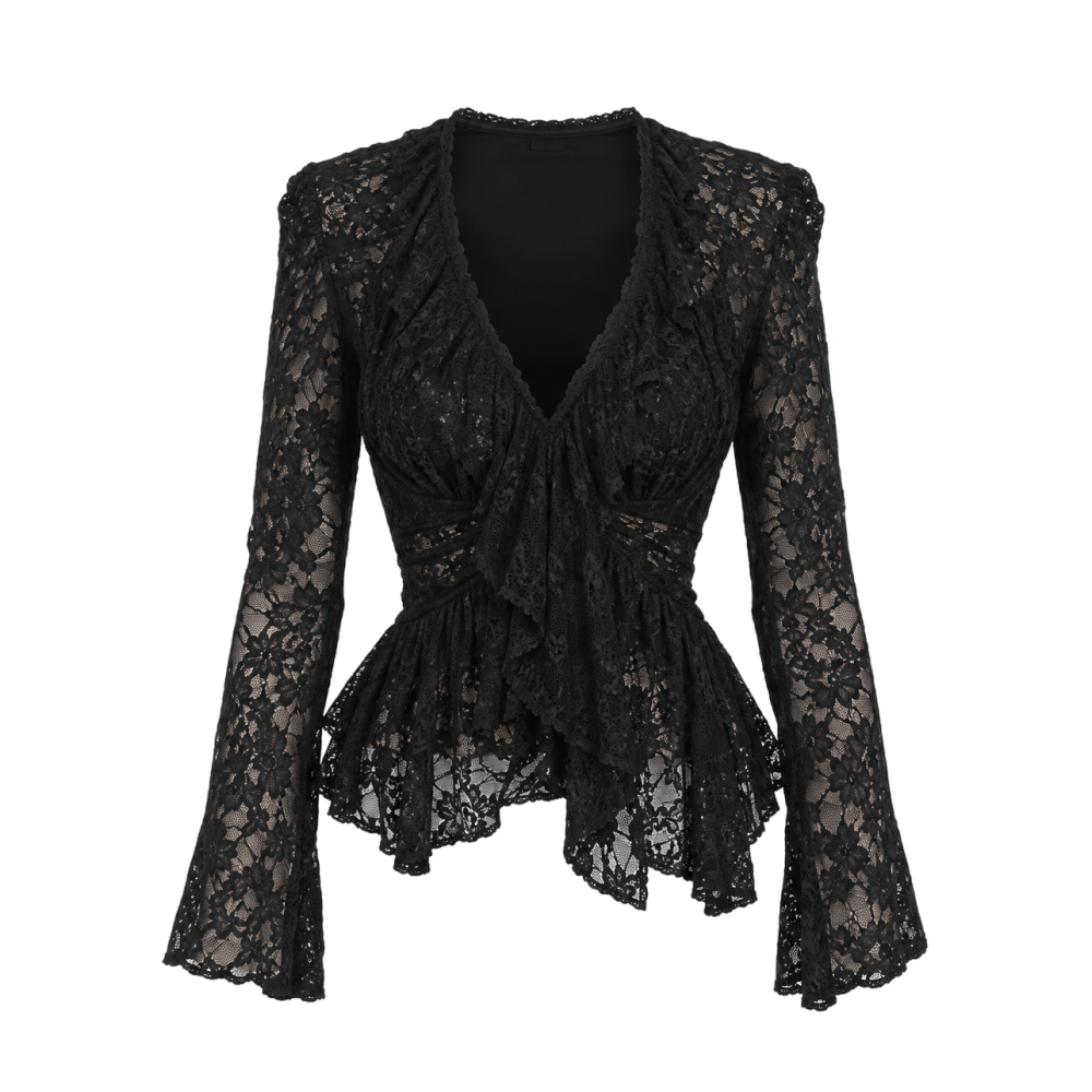 Valeria Sheer Ruffle Hem Lace Top - Black