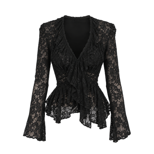 Valeria Sheer Ruffle Hem Lace Top - Black
