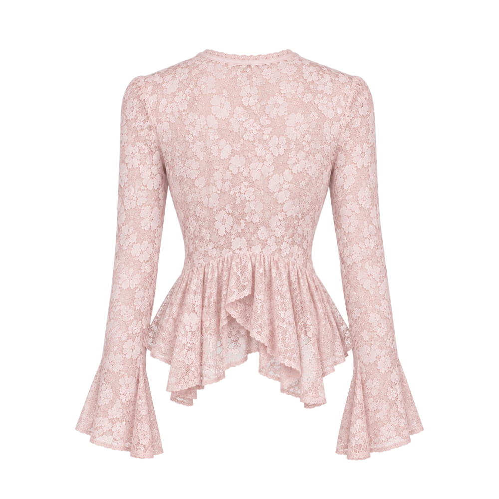 Valeria Sheer Ruffle Hem Lace Top - Blush