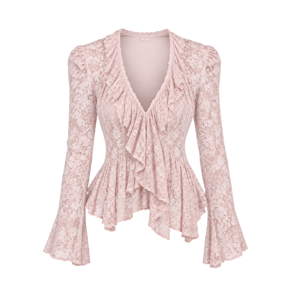 Valeria Sheer Ruffle Hem Lace Top - Blush