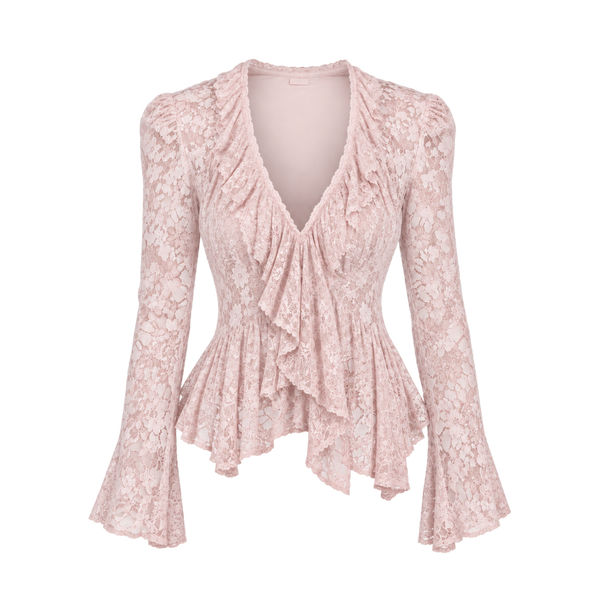Valeria Sheer Ruffle Hem Lace Top - Blush