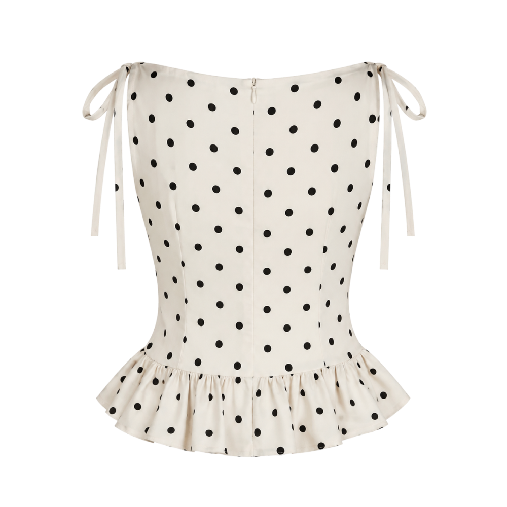 Valeria Tie-Strap Polka Dot Ruffle Top