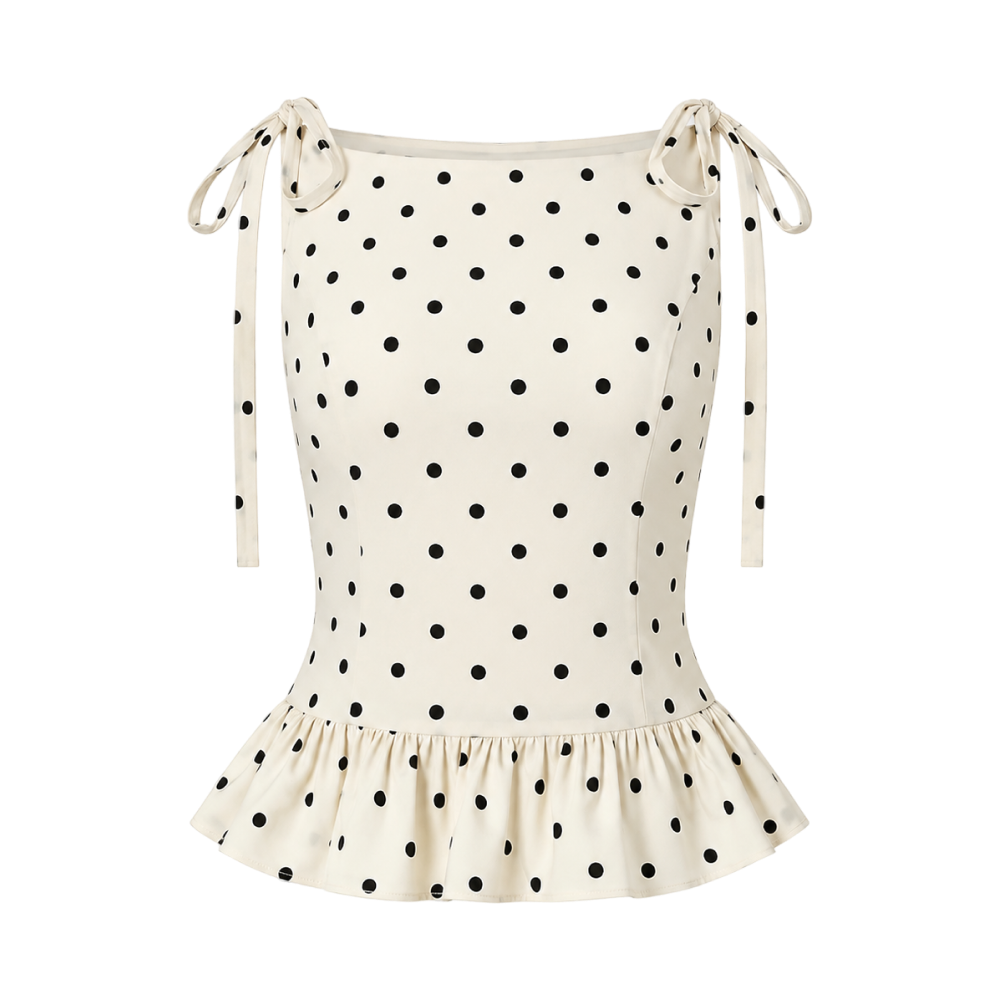 Valeria Tie-Strap Polka Dot Ruffle Top