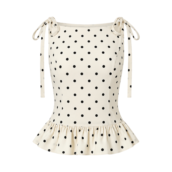Valeria Tie-Strap Polka Dot Ruffle Top