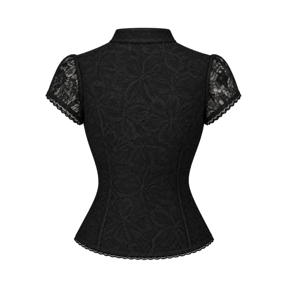 Valeria Tie Neck Fitted Lace Top - Black
