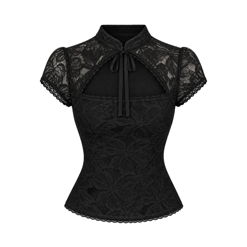 Valeria Tie Neck Fitted Lace Top - Black