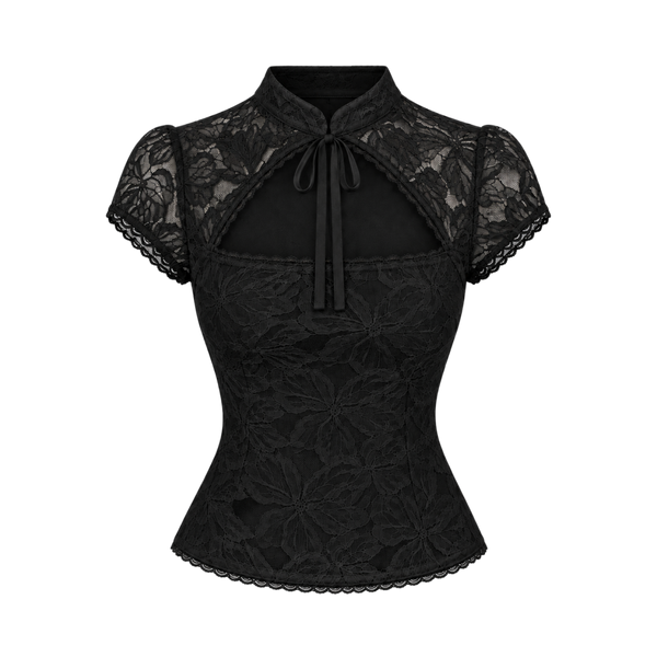 Valeria Tie Neck Fitted Lace Top - Black