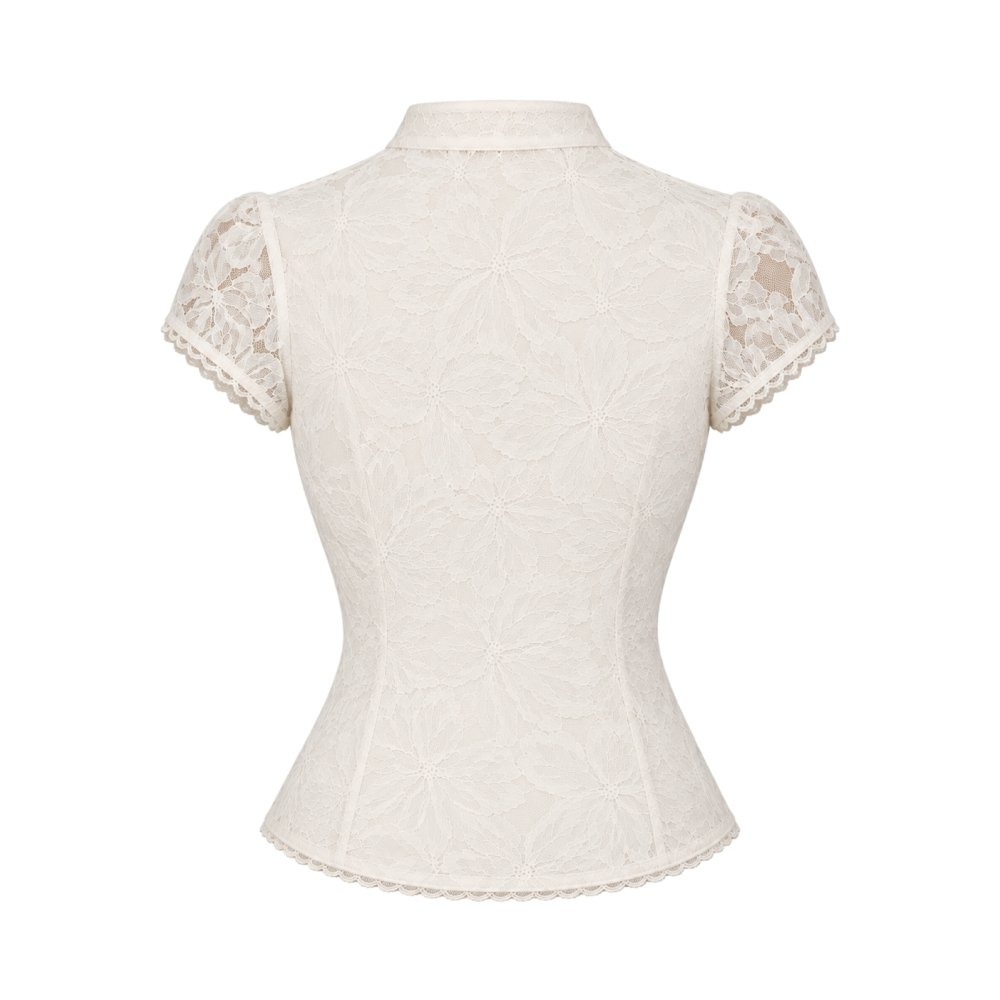 Valeria Tie Neck Fitted Lace Top - White