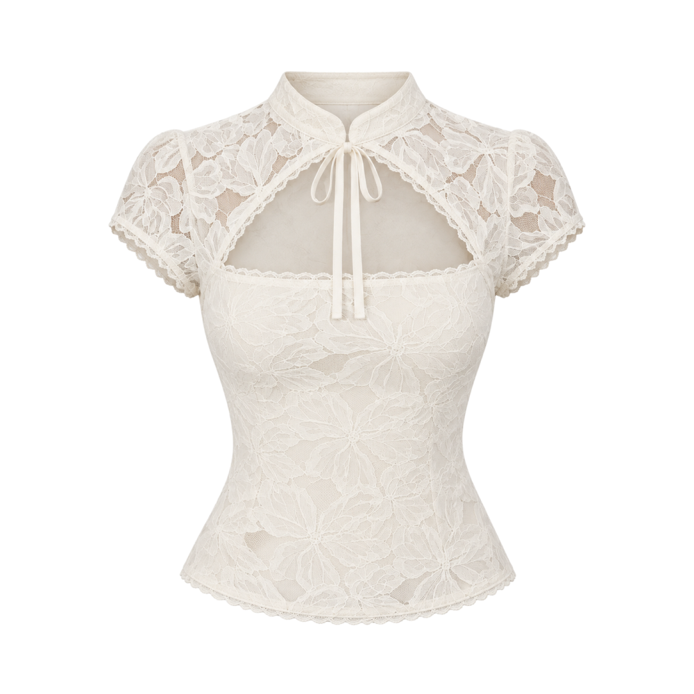Valeria Tie Neck Fitted Lace Top - White