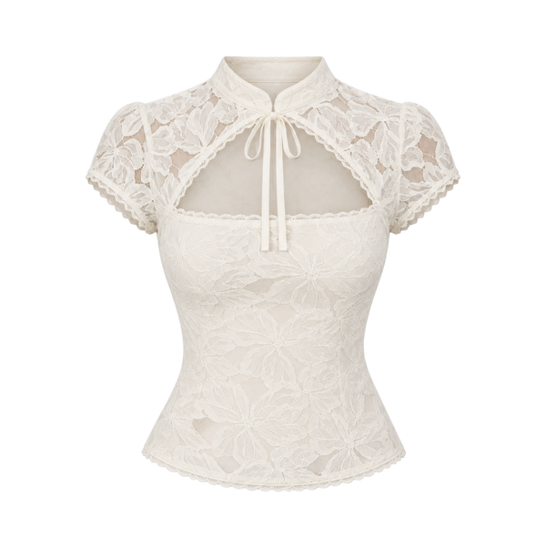 Valeria Tie Neck Fitted Lace Top - White