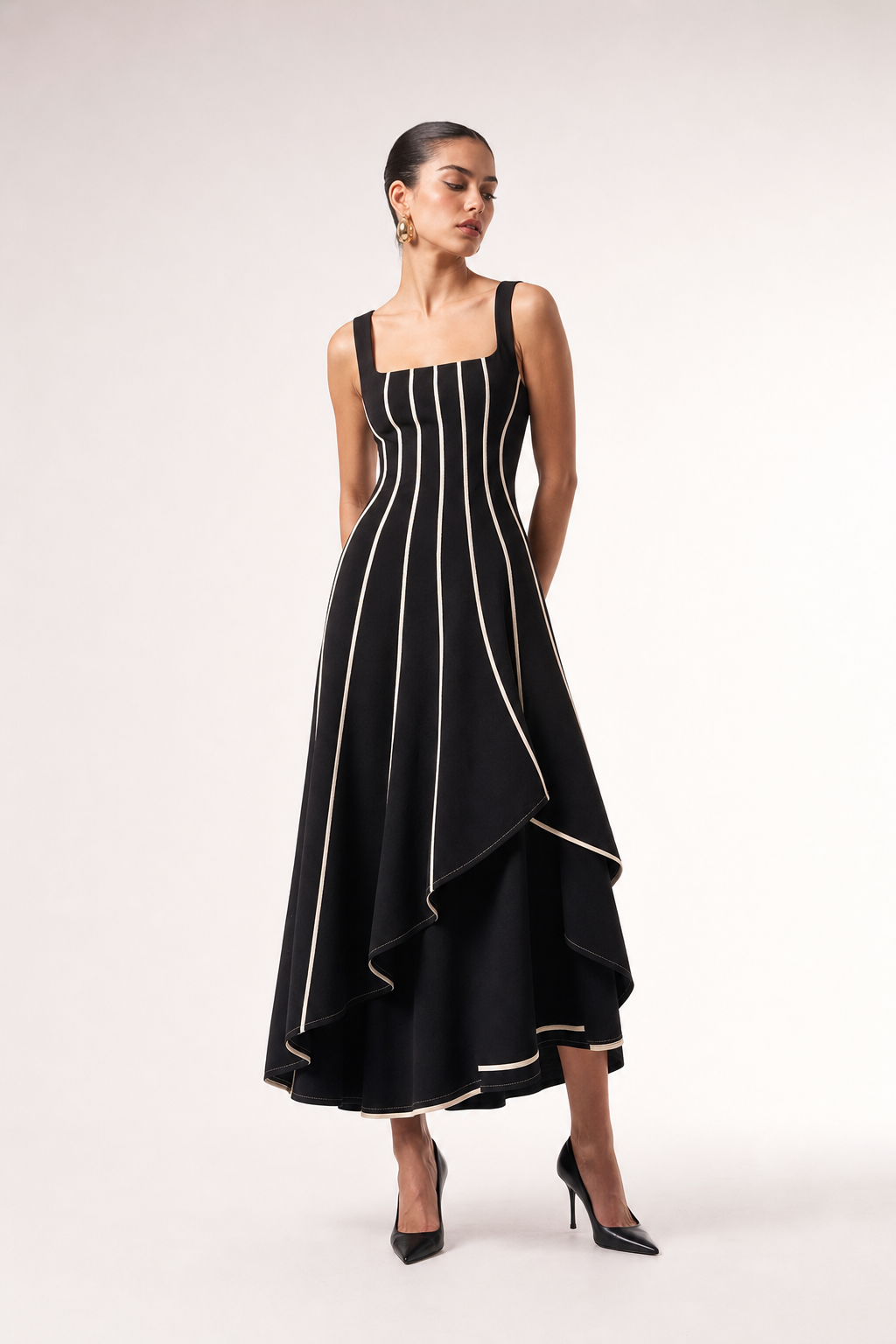 Valeria Contrast Panel Midi Dress - Black Ivory