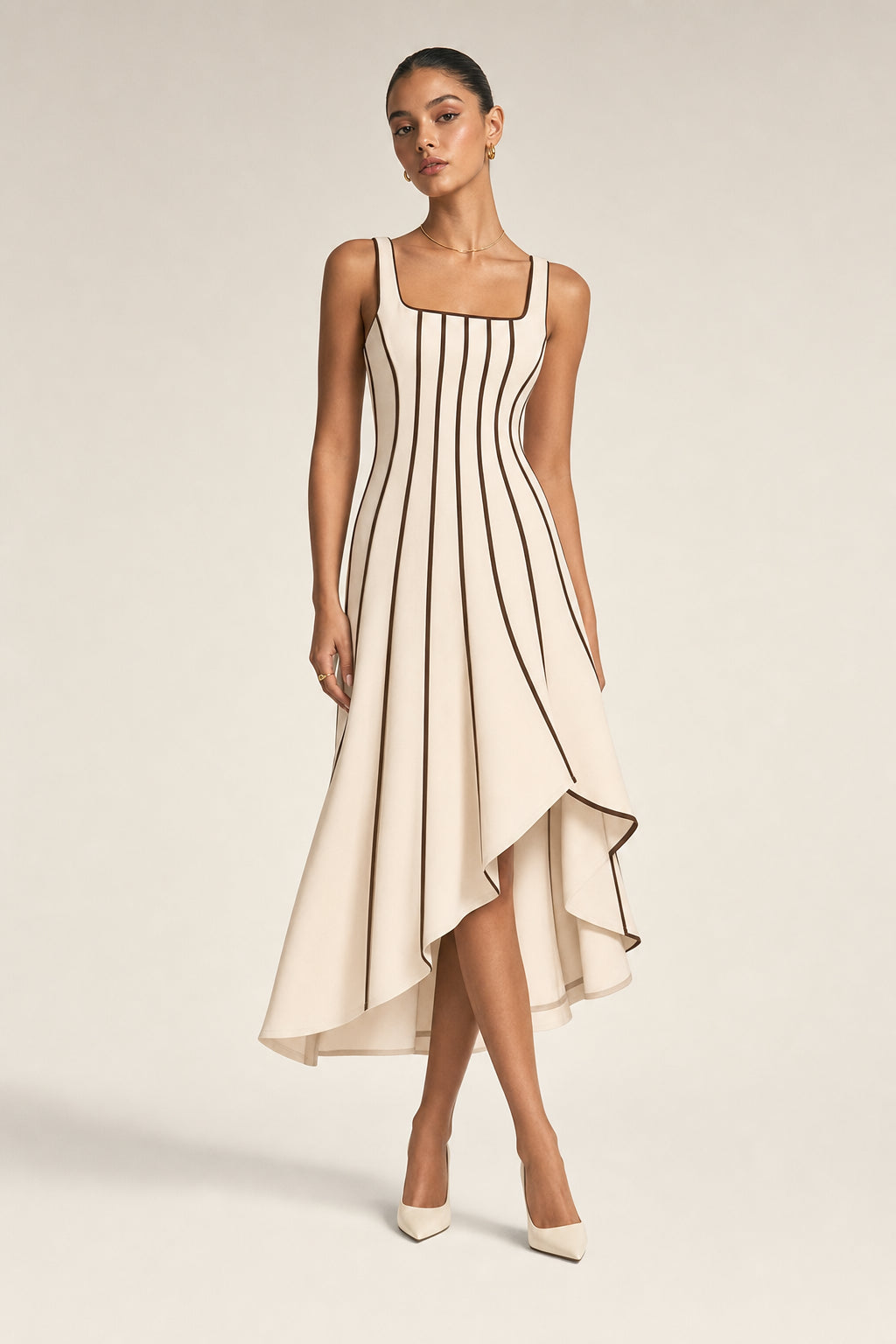 Valeria Contrast Panel Midi Dress - Ivory Brown