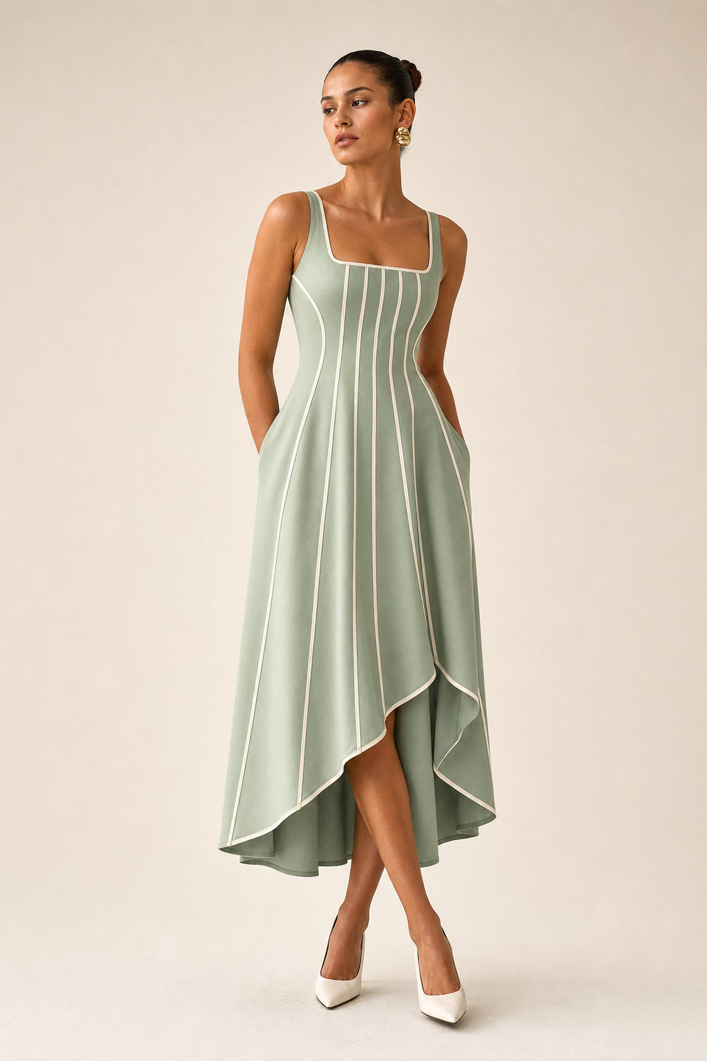 Valeria Contrast Panel Midi Dress - Sage Ivory