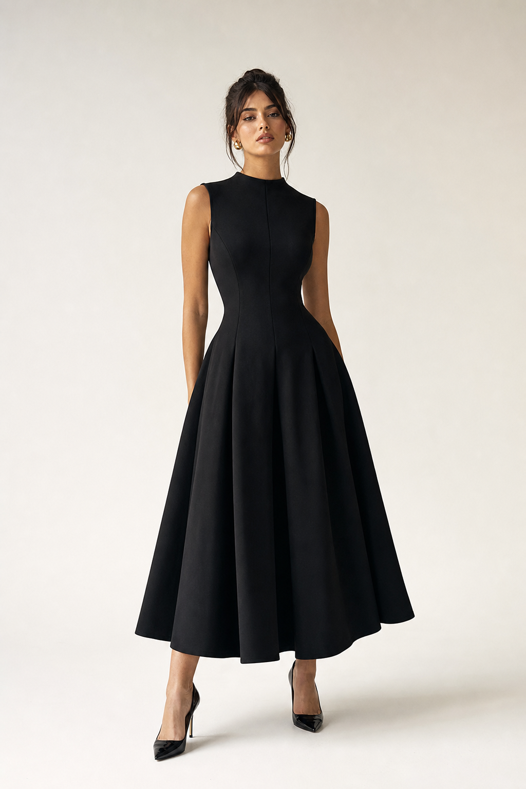 Valeria Flared High Neck Midi Dress - Black