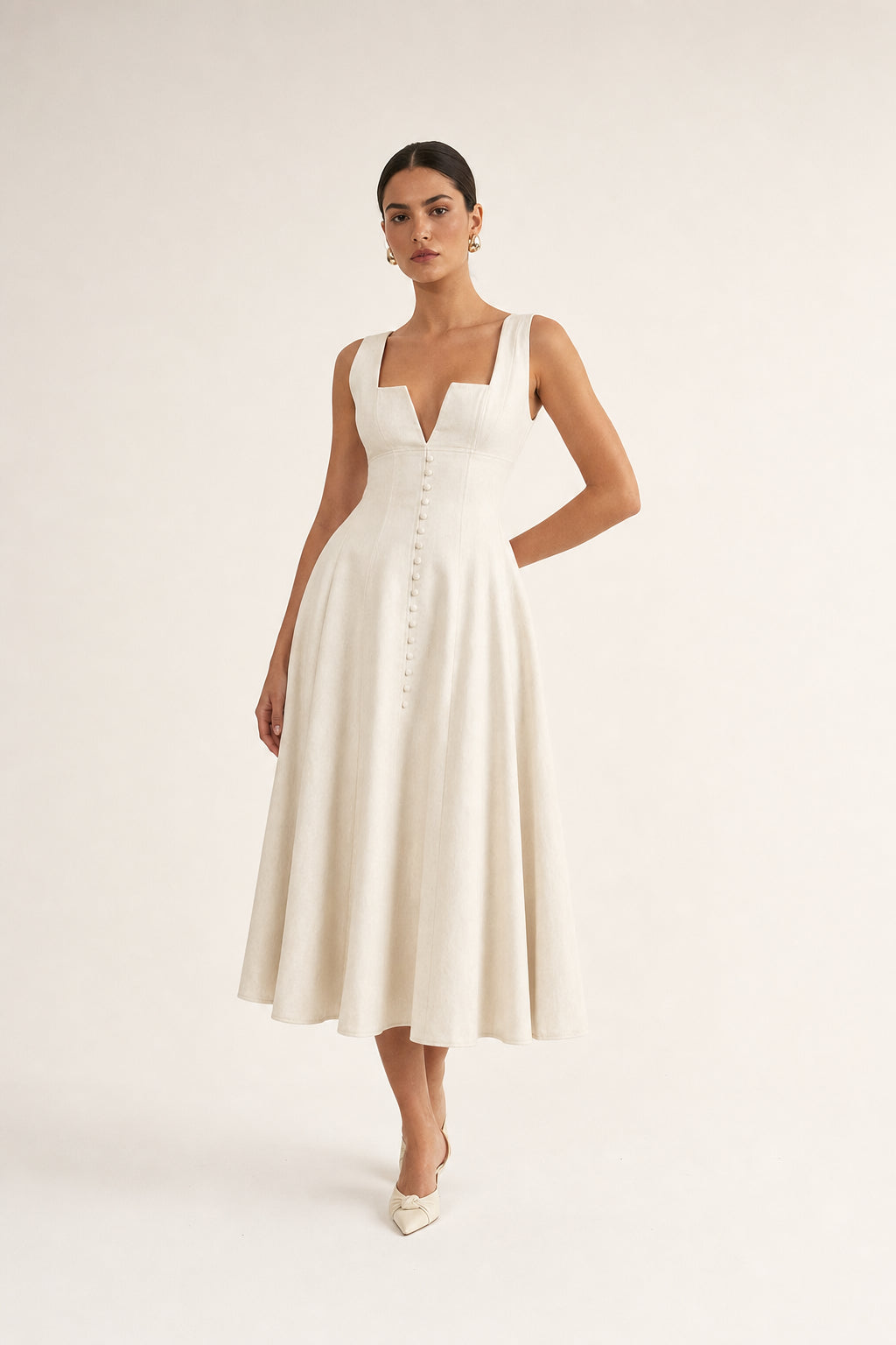 Valeria Gathered Square Neck Midi Dress - Ivory