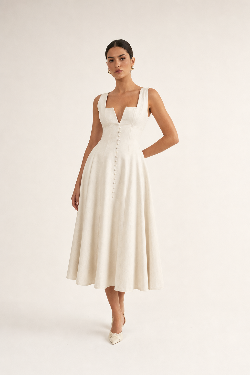 Valeria Gathered Square Neck Midi Dress - Ivory