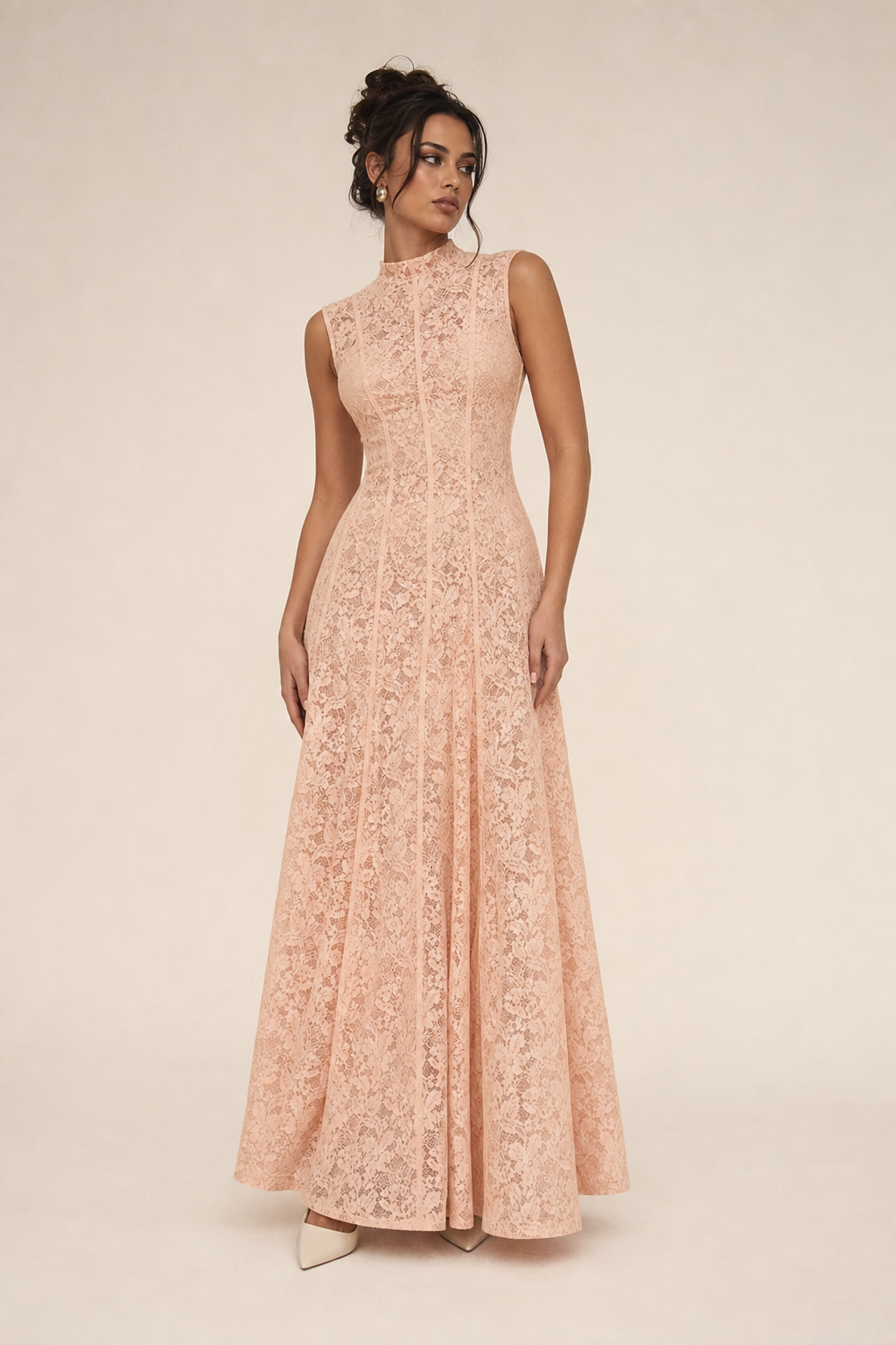 Valeria Lace Column Maxi Dress - Peach