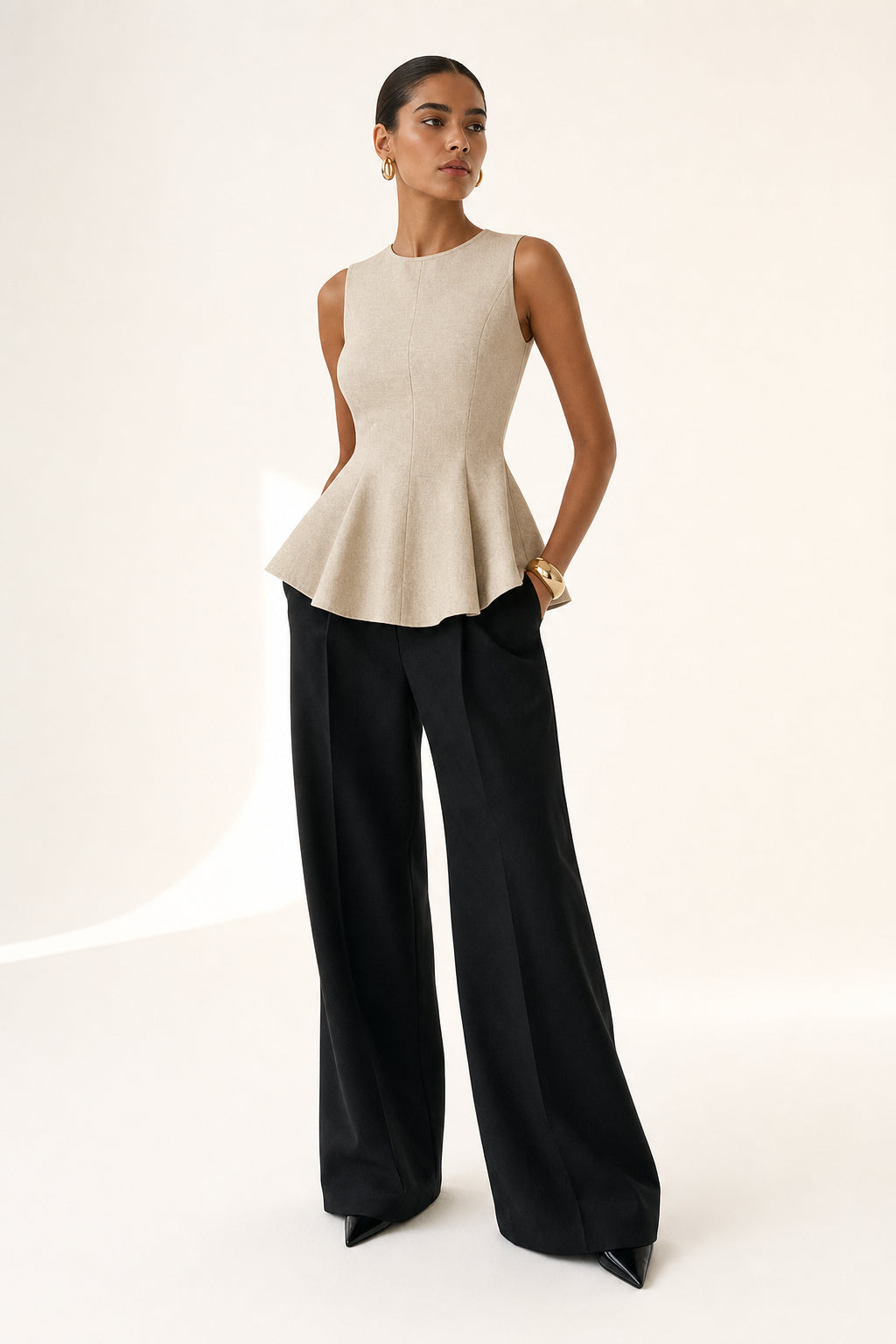 Valeria Linen Peplum Top - Warm Oat