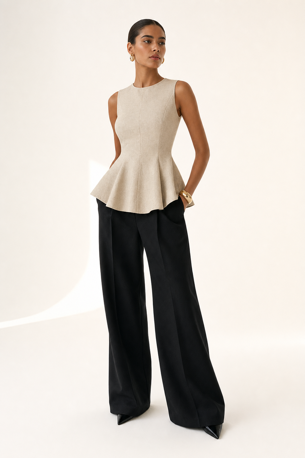 Valeria Linen Peplum Top - Warm Oat