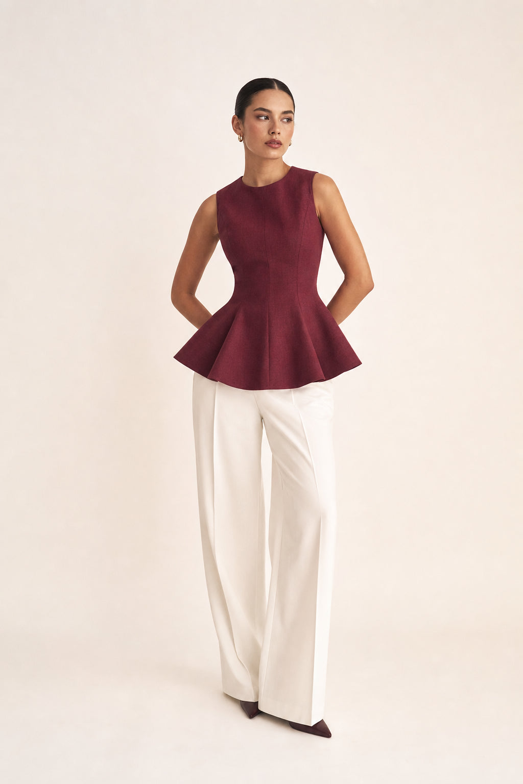 Valeria Linen Peplum Top - Deep Wine