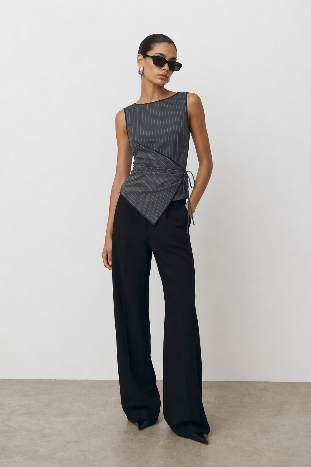 Valeria Pinstripe Asymmetric Wrap Top - Charcoal Pinstripe