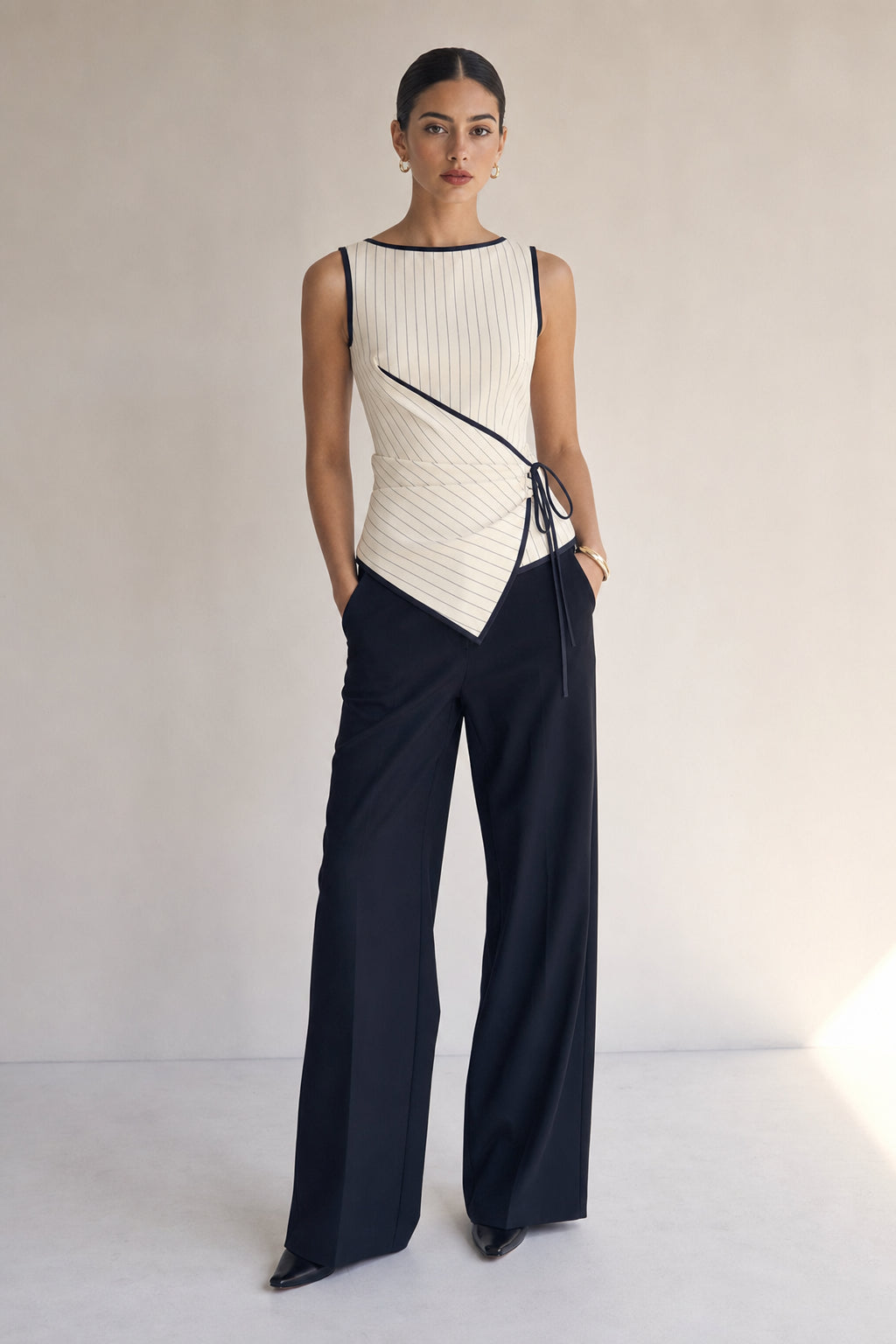 Valeria Pinstripe Asymmetric Wrap Top - Ivory Pinstripe