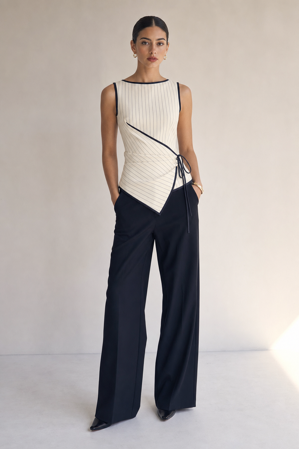 Valeria Pinstripe Asymmetric Wrap Top - Ivory Pinstripe