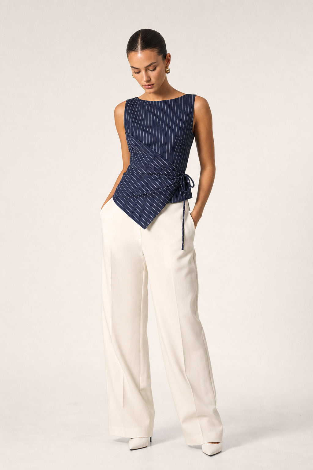 Valeria Pinstripe Asymmetric Wrap Top - Navy Pinstripe