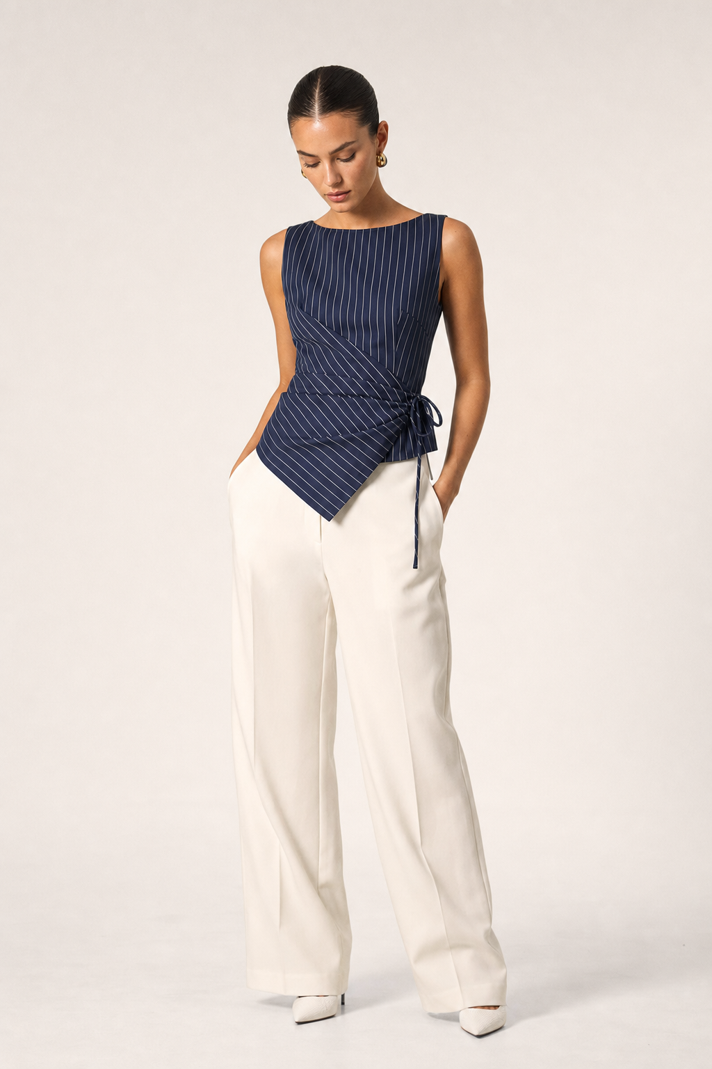 Valeria Pinstripe Asymmetric Wrap Top - Navy Pinstripe