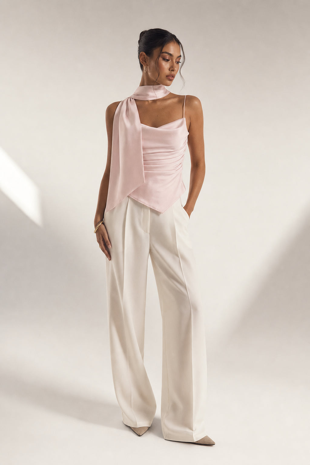 Valeria Sculpted Satin Scarf Top - Blush Pink