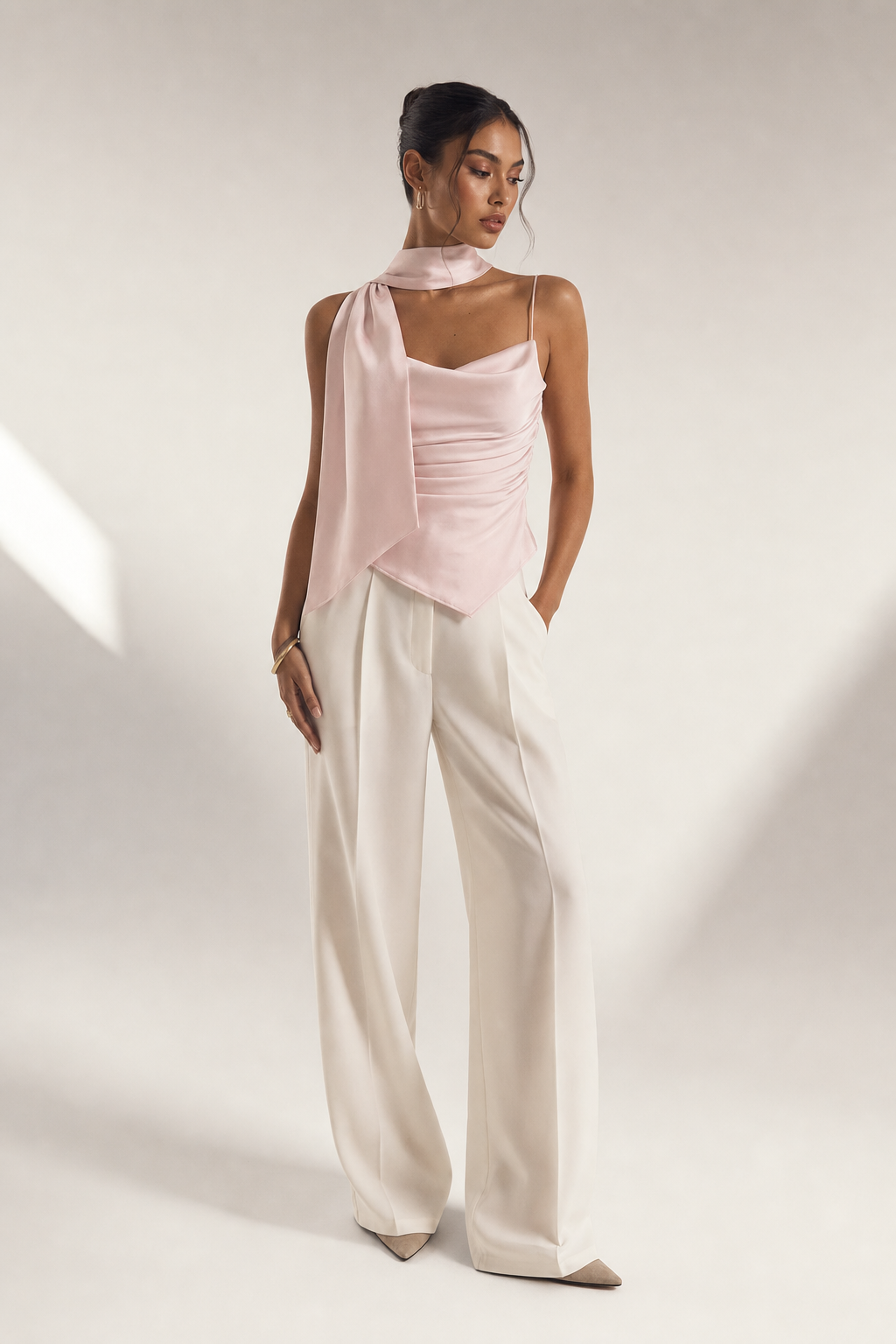 Valeria Sculpted Satin Scarf Top - Blush Pink