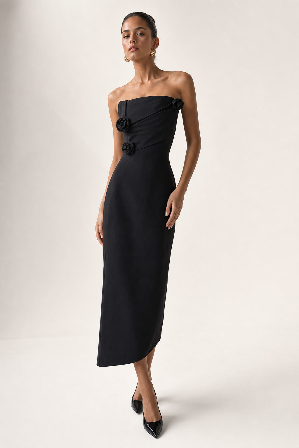 Valeria Twisted Foldover Midi Dress - Black