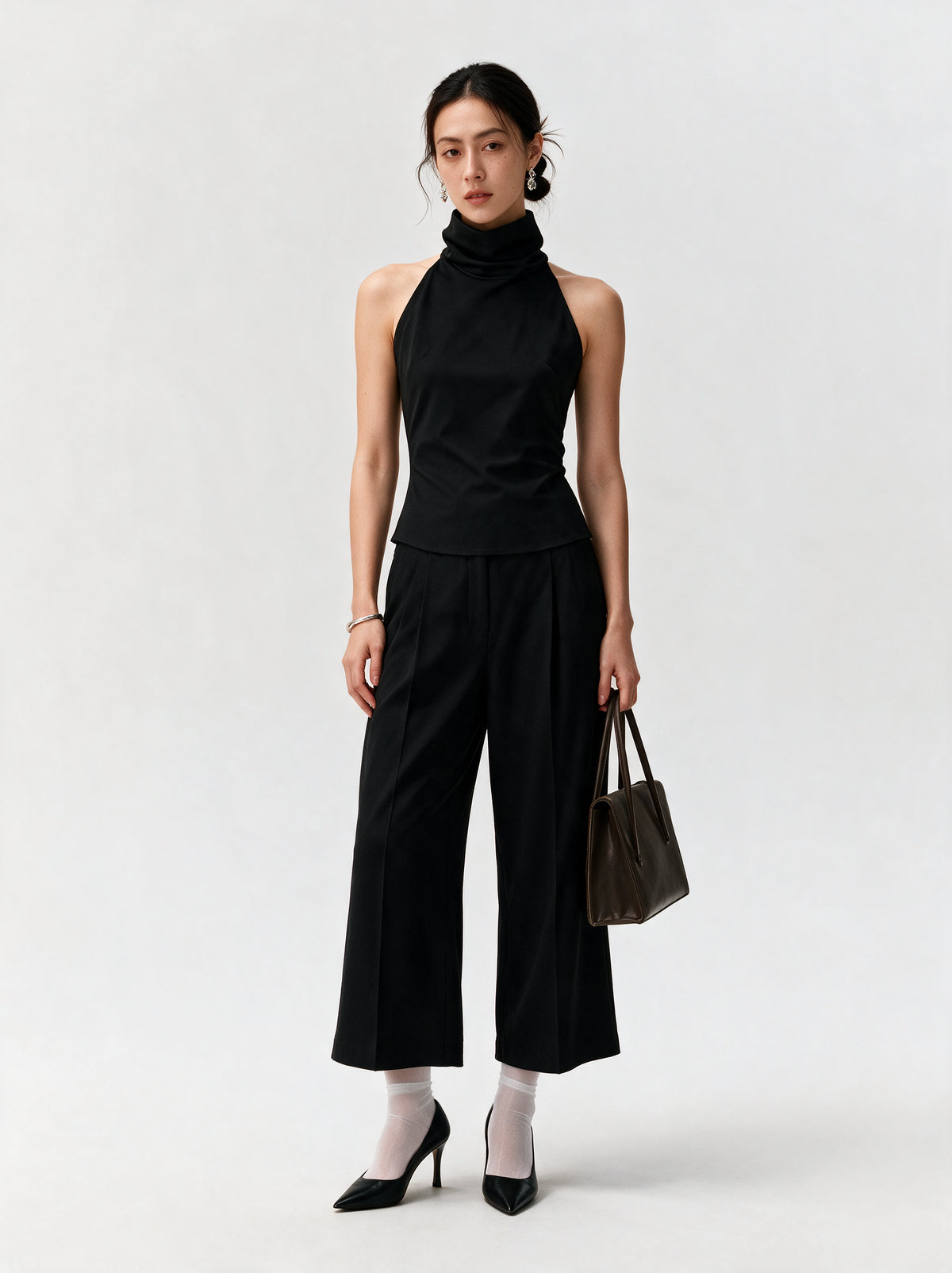 BLACK HIGH NECK TOP — model full body