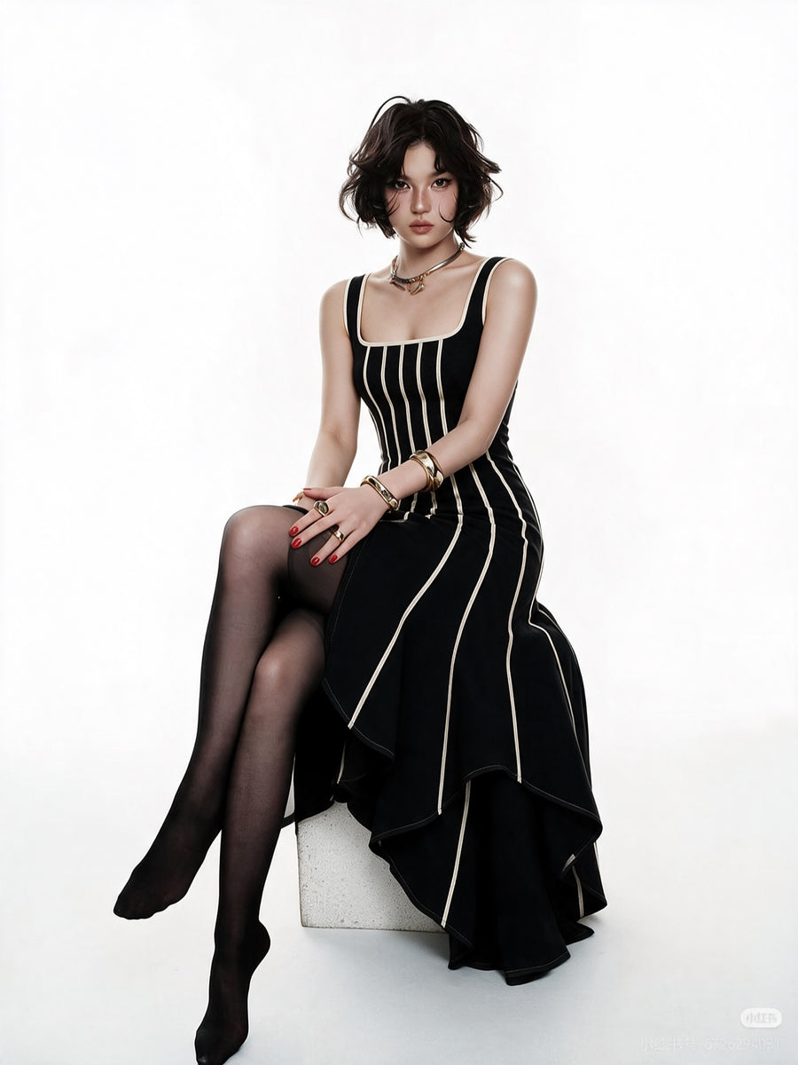 CONTRAST PANEL MIDI DRESS — BLACK IVORY
