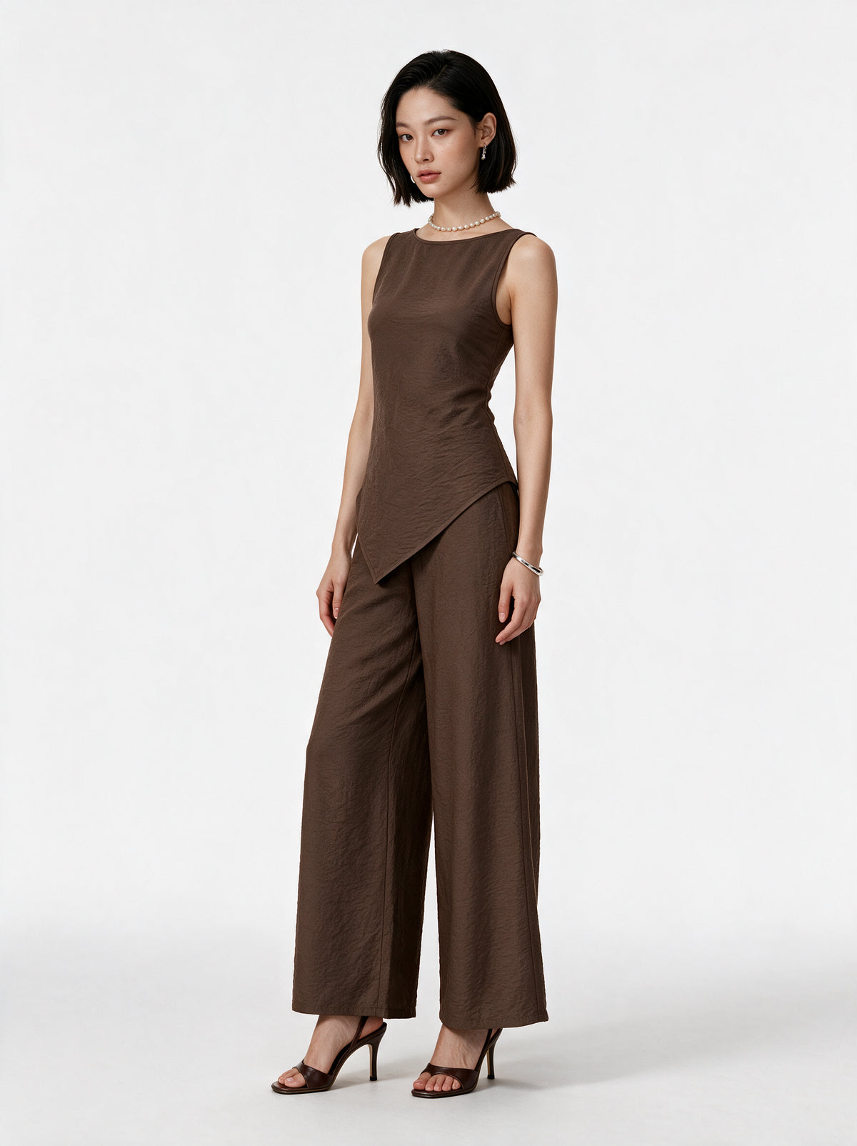 Valeria Asymmetric Co-ord Set - Cocoa — model full body