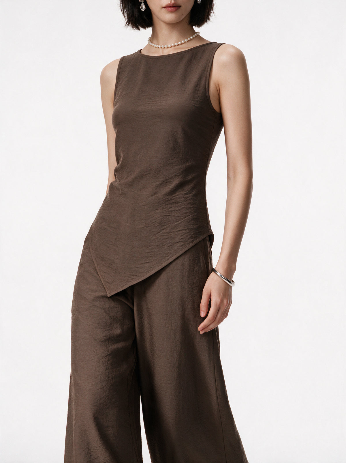 Valeria Asymmetric Co-ord Set - Cocoa — model side detail