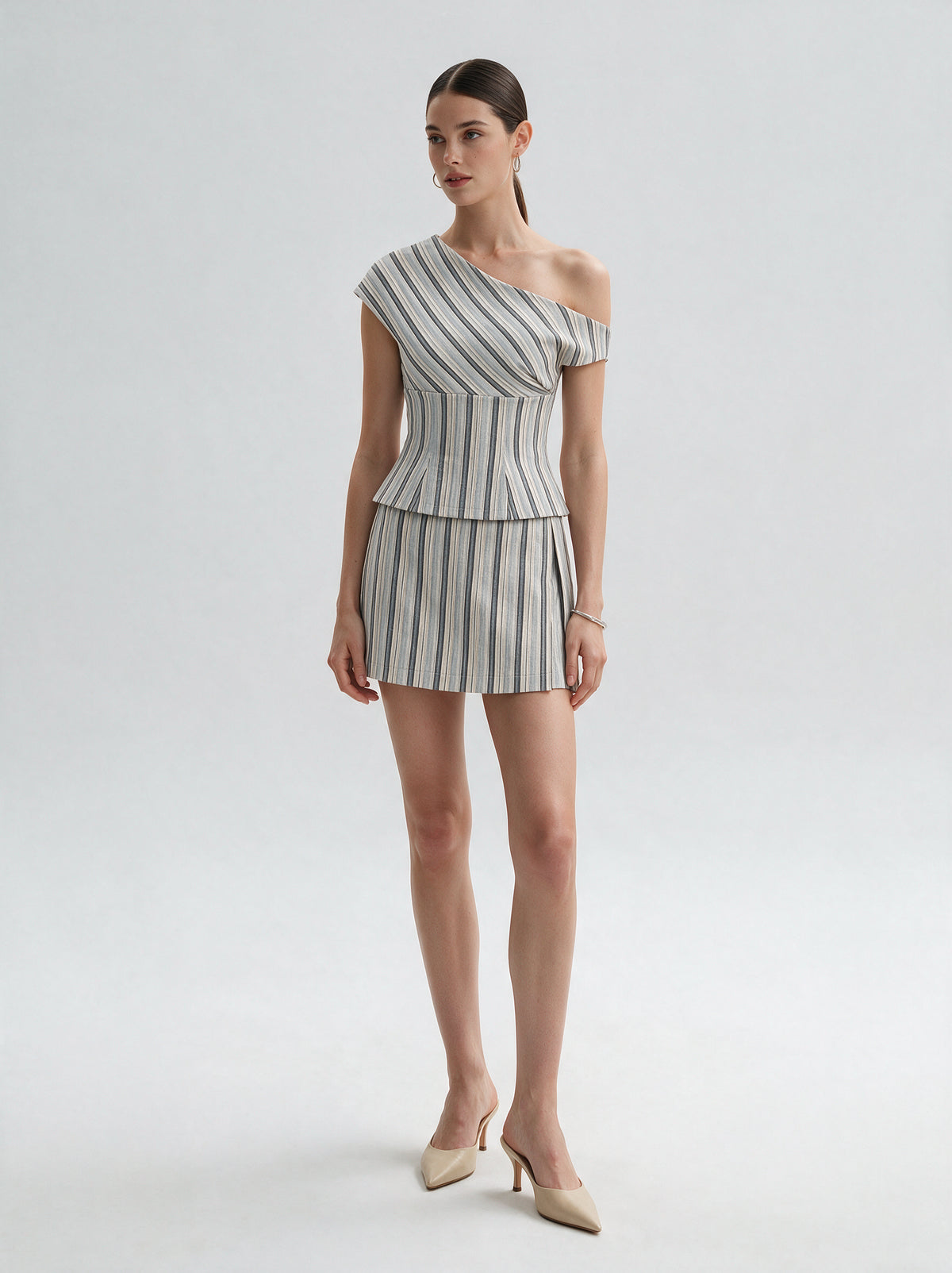 Valeria Asymmetric Stripe Co-Ord Set - Stone — model full body