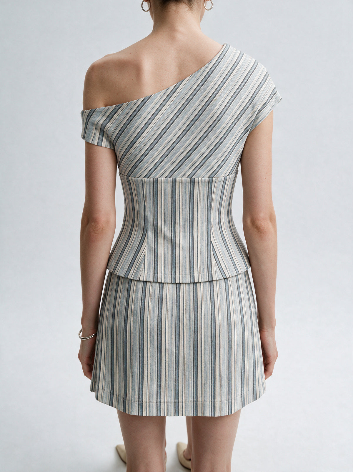 Valeria Asymmetric Stripe Co-Ord Set - Stone — model back view