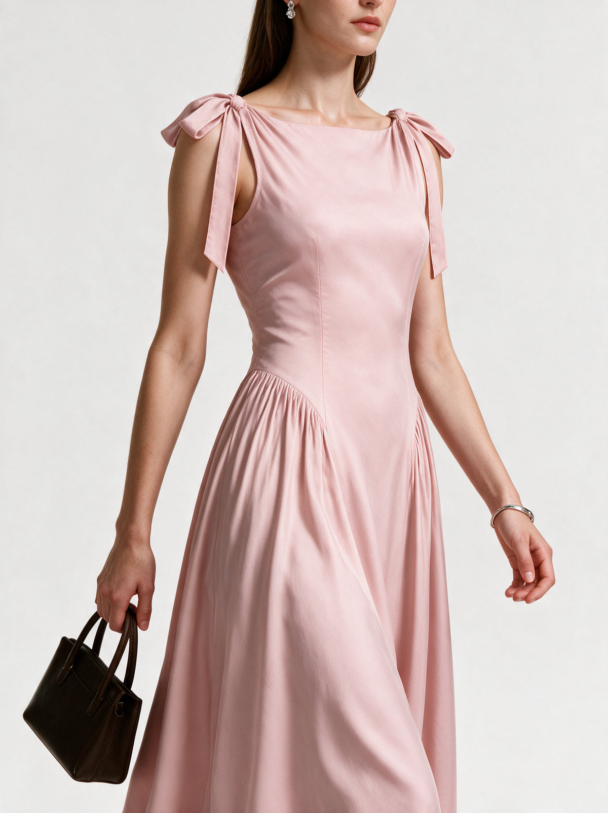 Valeria Bow Shoulder Maxi Dress - Blush Pink — model side detail