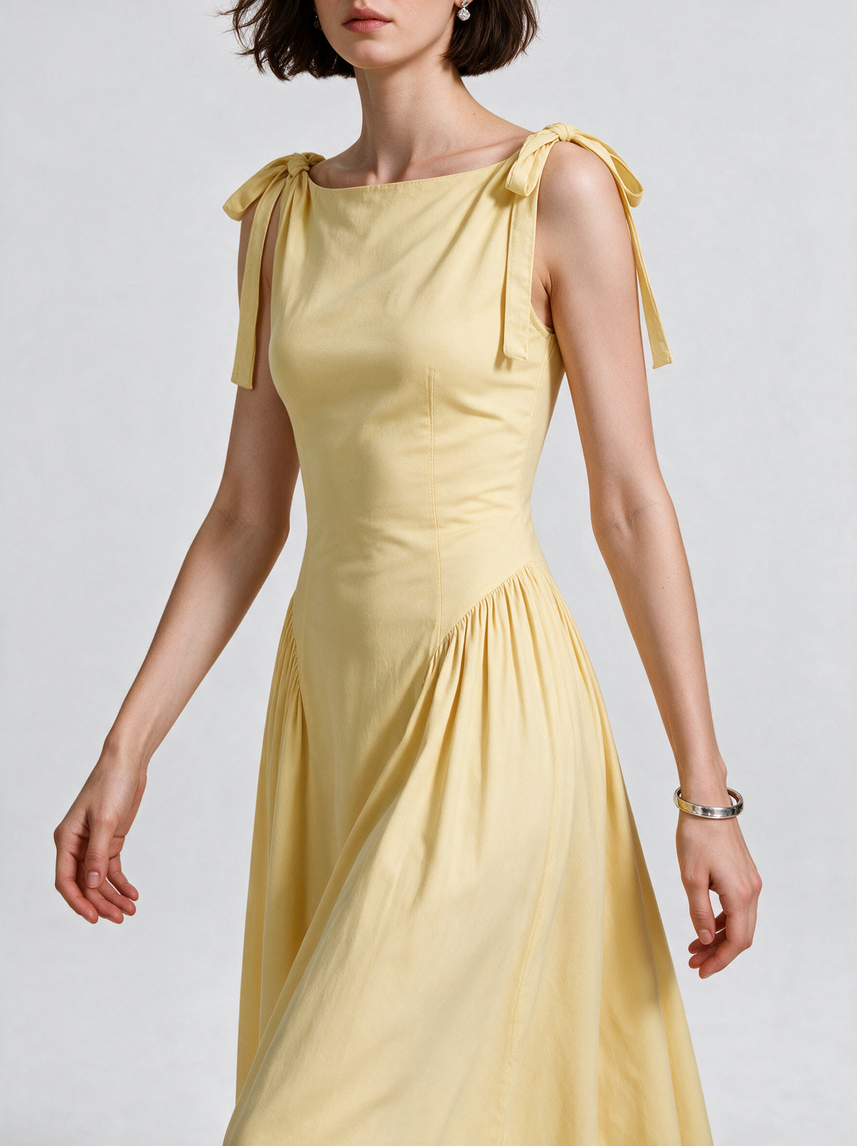 Valeria Bow Shoulder Maxi Dress - Butter Yellow — model side detail