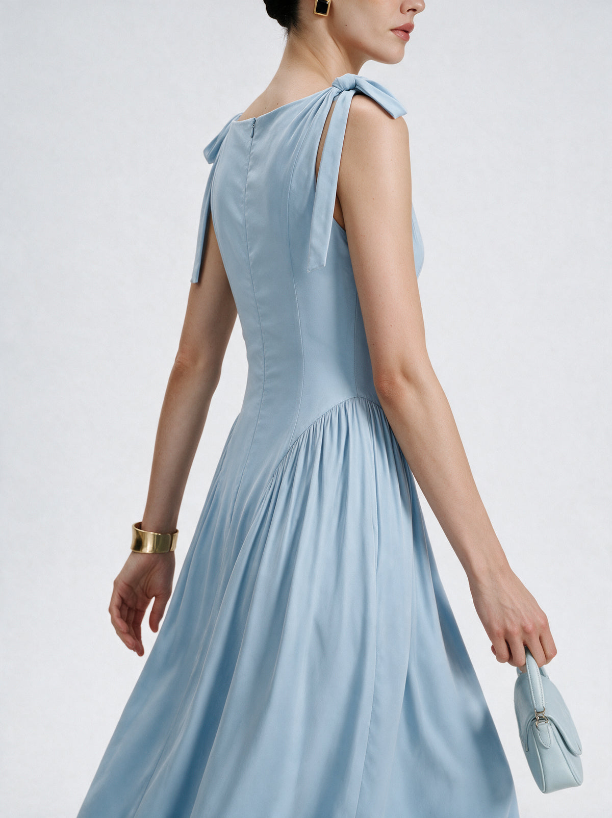 Valeria Bow Shoulder Maxi Dress - Ice Blue — model side detail