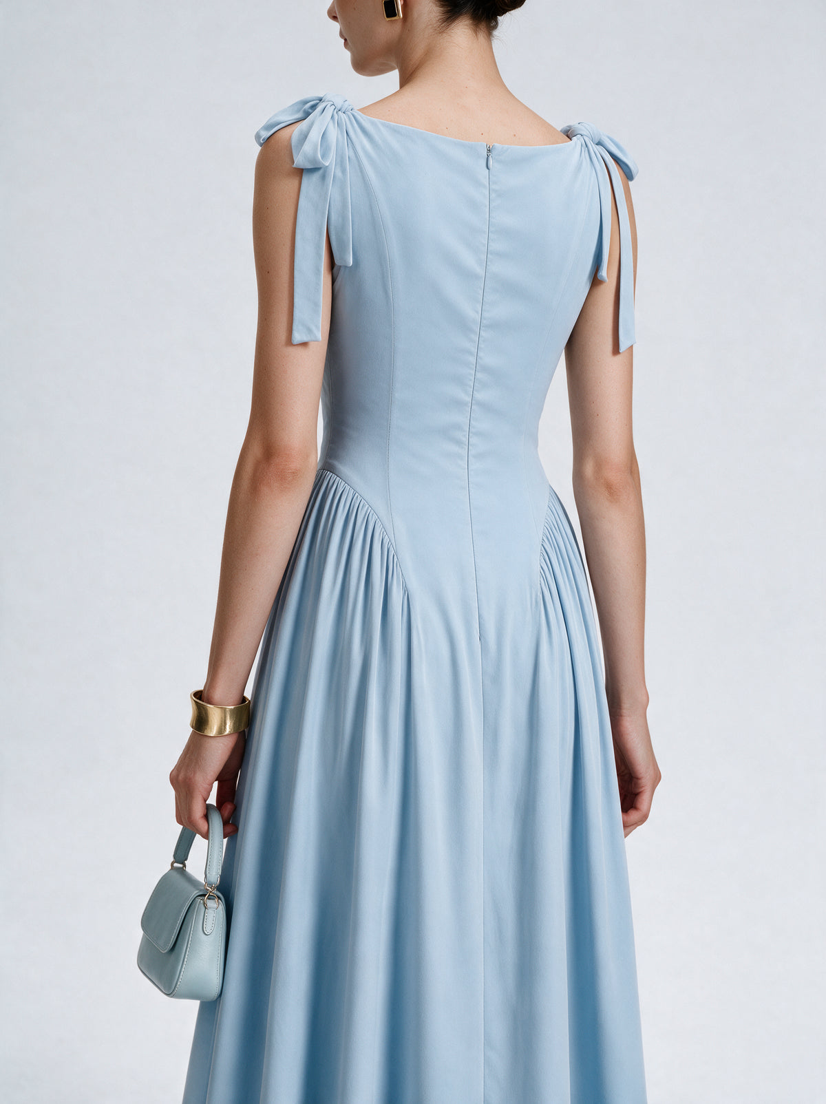 Valeria Bow Shoulder Maxi Dress - Ice Blue — model back view