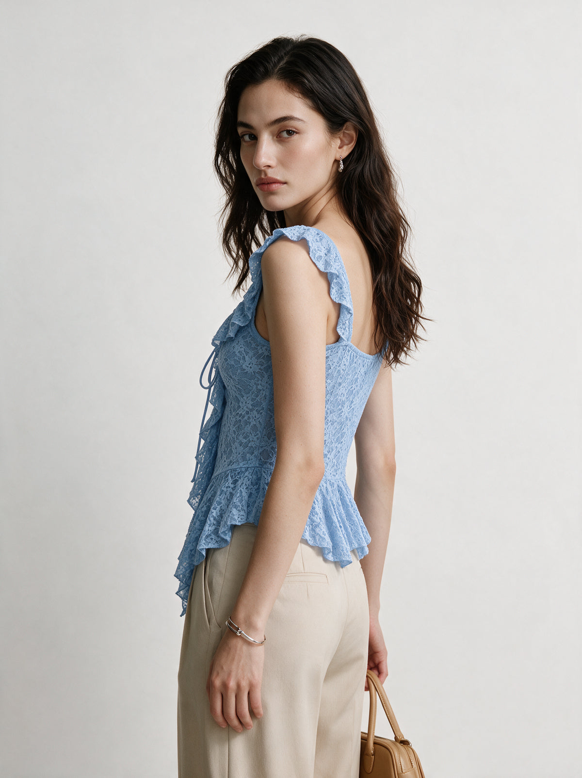 Valeria Cascading Ruffle Top - Azure — model full body