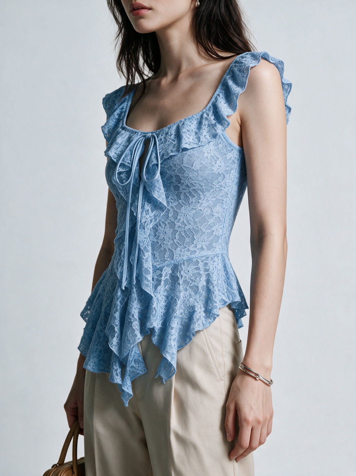 Valeria Cascading Ruffle Top - Azure — model side detail