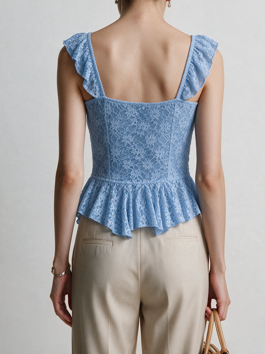 Valeria Cascading Ruffle Top - Azure — model back view